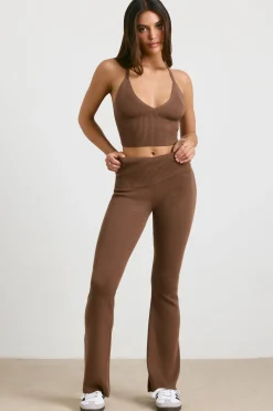 Oh Polly Petite^Petite Chunky Knit Kick Flare Trousers in Espresso
