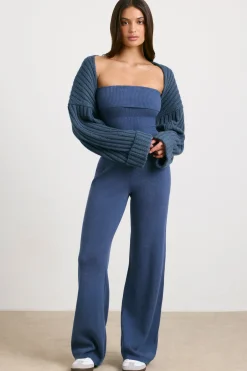 Oh Polly Petite^Petite Chunky Knit Kick Flare Unitard in Washed Navy WashedNavy