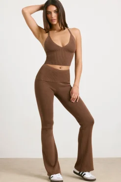 Oh Polly Petite^Petite Chunky Knit Kick Flare Trousers in Espresso