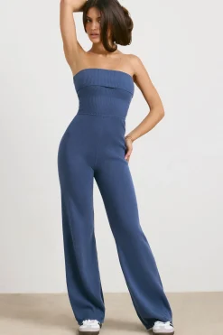 Oh Polly Petite^Petite Chunky Knit Kick Flare Unitard in Washed Navy WashedNavy