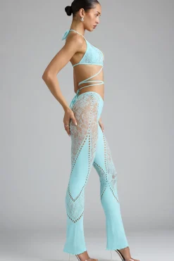 Oh Polly Women'S Clothing Sale - $65 And Under | Women'S Clothing Sale - $40 And Under^Petite Embellished Mid-Rise Flared Trousers in Ice Blue IceBlue
