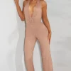 Oh Polly Party Dresses | Birthday^Petite Embellished Plunge Neck Jumpsuit in Beige