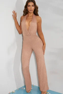 Oh Polly Party Dresses | Birthday^Petite Embellished Plunge Neck Jumpsuit in Beige
