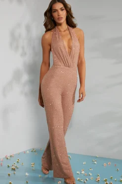 Oh Polly Party Dresses | Birthday^Petite Embellished Plunge Neck Jumpsuit in Beige