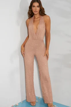 Oh Polly Party Dresses | Birthday^Petite Embellished Plunge Neck Jumpsuit in Beige