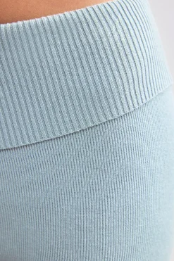 Oh Polly Petite^Petite Fold Over Kick Flare Chunky Knit Trousers in Dusty Teal DustyTeal