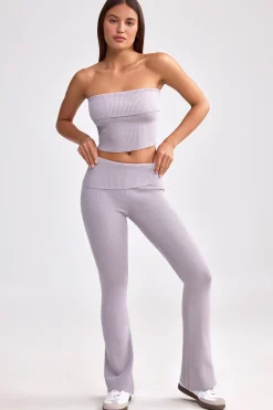 Oh Polly Petite^Petite Fold Over Kick Flare Chunky Knit Trousers in Dusty Lavender DustyLavender