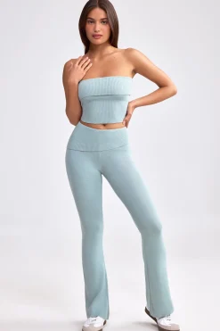 Oh Polly Petite^Petite Fold Over Kick Flare Chunky Knit Trousers in Dusty Teal DustyTeal