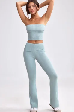 Oh Polly Petite^Petite Fold Over Kick Flare Chunky Knit Trousers in Dusty Teal DustyTeal