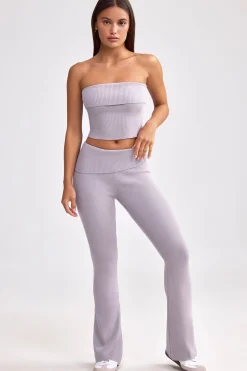 Oh Polly Petite^Petite Fold Over Kick Flare Chunky Knit Trousers in Dusty Lavender DustyLavender