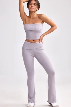 Oh Polly Petite^Petite Fold Over Kick Flare Chunky Knit Trousers in Dusty Lavender DustyLavender