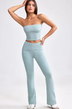 Oh Polly Petite^Petite Fold Over Kick Flare Chunky Knit Trousers in Dusty Teal DustyTeal
