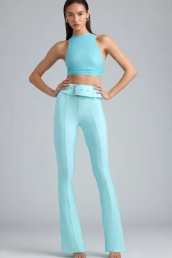 Oh Polly Women'S Clothing Sale - $65 And Under | Women'S Clothing Sale - $40 And Under^Petite Metallic Belted Mid-Rise Flared Trousers in Ice Blue IceBlue