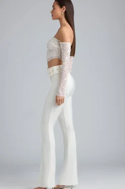 Oh Polly Women'S Clothing Sale - $65 And Under | Women'S Clothing Sale - $40 And Under^Petite Metallic Belted Mid-Rise Flared Trousers in Ivory