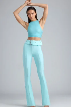 Oh Polly Women'S Clothing Sale - $65 And Under | Women'S Clothing Sale - $40 And Under^Petite Metallic Belted Mid-Rise Flared Trousers in Ice Blue IceBlue