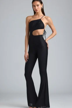 Oh Polly Women'S Clothing Sale - $65 And Under^Petite Metallic Ruched Cut-Out Flared Jumpsuit in Black
