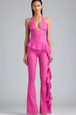 Oh Polly Women'S Clothing Sale - $65 And Under | Women'S Clothing Sale - $40 And Under^Petite Metallic Ruffle Low-Rise Flared Trousers in Bubblegum Pink BubblegumPink