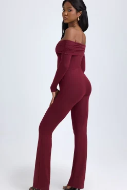 Oh Polly Jumpsuits & Unitards^Petite Modal Off-Shoulder Ruched Jumpsuit in Wine Red WineRed