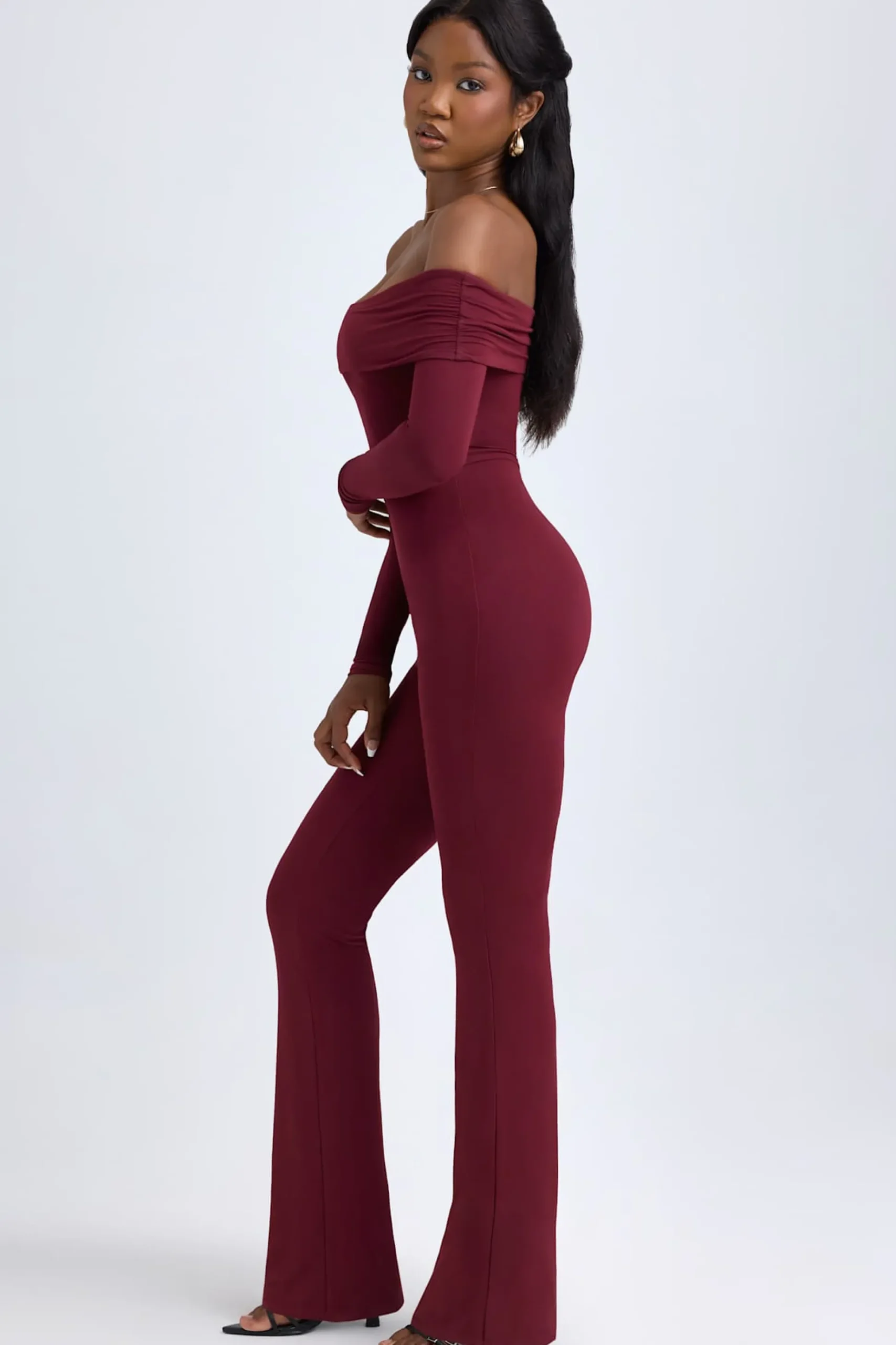 Oh Polly Jumpsuits & Unitards^Petite Modal Off-Shoulder Ruched Jumpsuit in Wine Red WineRed