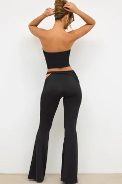 Oh Polly Women'S Clothing Sale - $65 And Under^Petite Premium Jersey Rose Detail Mid-Rise Flare Trousers in Black
