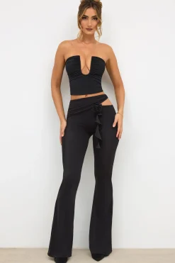 Oh Polly Women'S Clothing Sale - $65 And Under^Petite Premium Jersey Rose Detail Mid-Rise Flare Trousers in Black