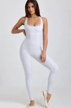 Oh Polly Elevated Essentials^Petite Ribbed Modal Lace-Trim Jumpsuit in Grey