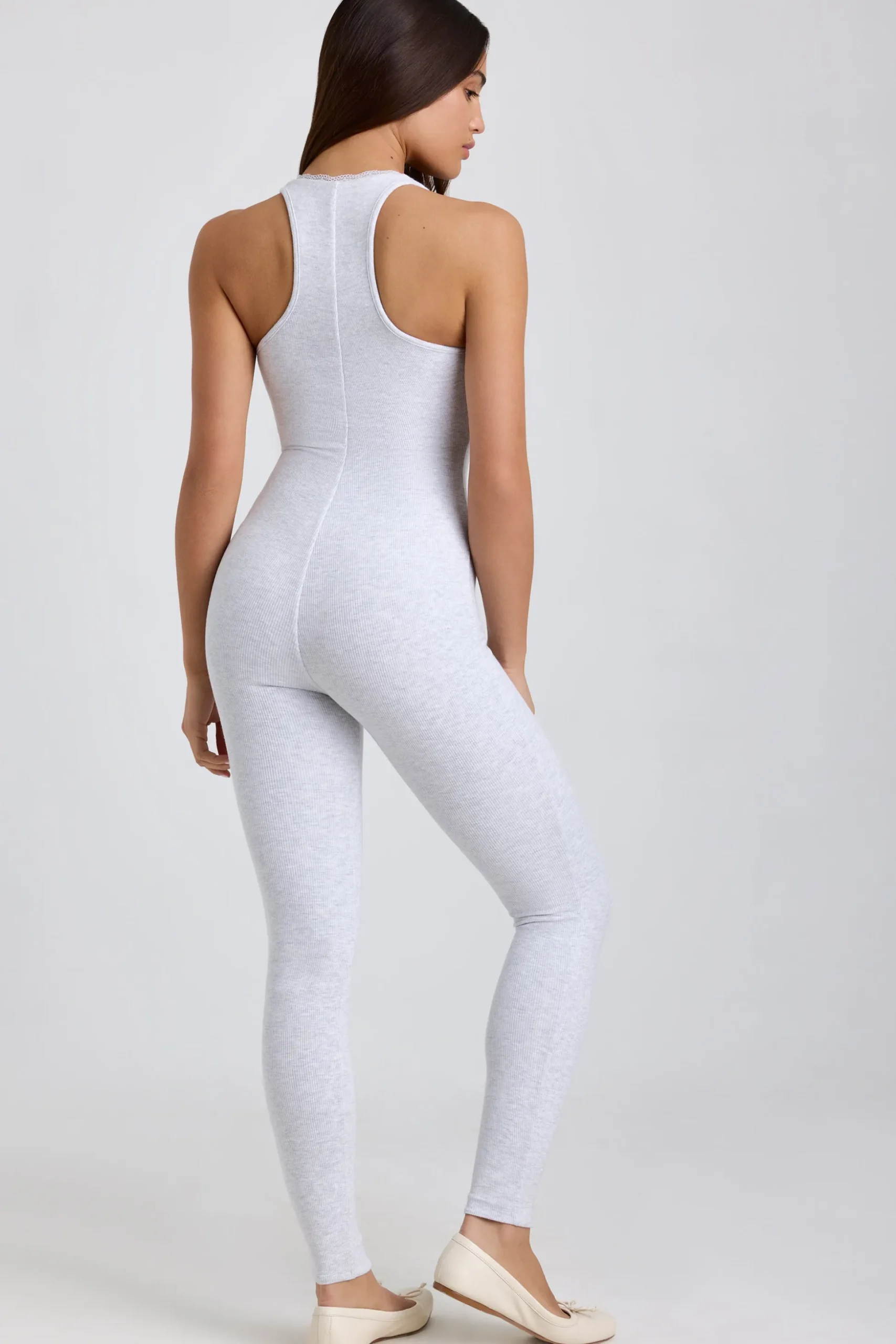 Oh Polly Elevated Essentials^Petite Ribbed Modal Lace-Trim Jumpsuit in Grey