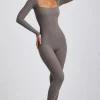 Oh Polly Elevated Essentials^Petite Ribbed Modal Long Sleeve Jumpsuit in Grey