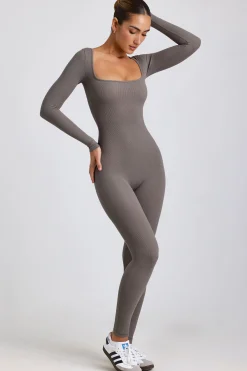 Oh Polly Elevated Essentials^Petite Ribbed Modal Long Sleeve Jumpsuit in Grey