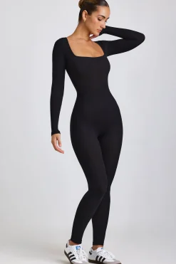 Oh Polly Elevated Essentials^Petite Ribbed Modal Long Sleeve Jumpsuit in Black