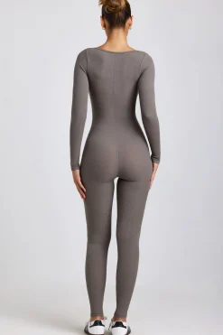 Oh Polly Elevated Essentials^Petite Ribbed Modal Long Sleeve Jumpsuit in Grey