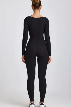 Oh Polly Elevated Essentials^Petite Ribbed Modal Long Sleeve Jumpsuit in Black