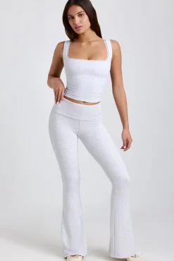 Oh Polly Elevated Essentials^Petite Ribbed Modal Mid-Rise Foldover Flared Trousers in Grey