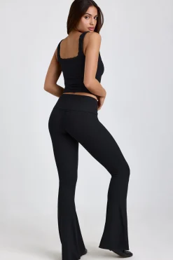 Oh Polly Elevated Essentials^Petite Ribbed Modal Mid-Rise Foldover Flared Trousers in Black