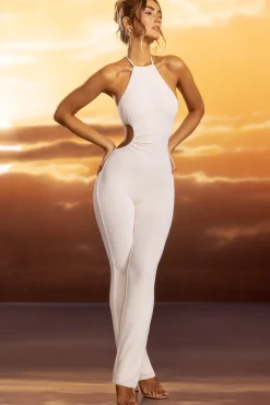 Oh Polly Women'S Clothing Sale - $65 And Under | Women'S Clothing Sale - $40 And Under^Petite Textured Jersey Halter Neck Ruched Cut Out Jumpsuit in Ivory