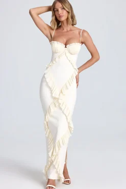 Oh Polly Bride To Be^Plissé Ruffle-Trim Maxi Dress in Ivory
