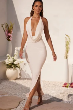 Oh Polly Bride To Be | Mesh Dresses^Plunge Cowl Neck Floor Length Dress in Ivory