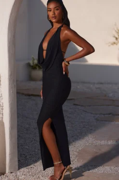 Oh Polly Mesh Dresses^Plunge Cowl Neck Floor Length Dress in Black