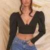 Oh Polly Women'S Clothing Sale - $65 And Under | Women'S Clothing Sale - $40 And Under^Plunge Neck Puff Sleeve Crop Top in Black