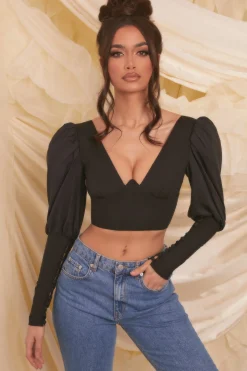 Oh Polly Women'S Clothing Sale - $65 And Under | Women'S Clothing Sale - $40 And Under^Plunge Neck Puff Sleeve Crop Top in Black
