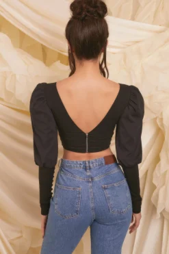 Oh Polly Women'S Clothing Sale - $65 And Under | Women'S Clothing Sale - $40 And Under^Plunge Neck Puff Sleeve Crop Top in Black