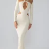 Oh Polly Party Dresses | Birthday^Premium Jersey Long Sleeve Cut Out Maxi Dress in Ivory
