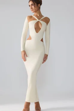 Oh Polly Party Dresses | Birthday^Premium Jersey Long Sleeve Cut Out Maxi Dress in Ivory