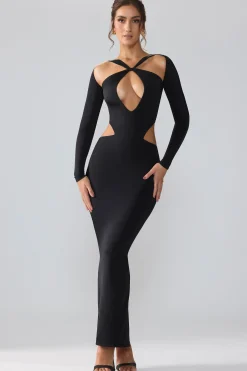 Oh Polly Party Dresses | Birthday^Premium Jersey Long Sleeve Cut Out Maxi Dress in Black