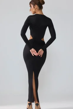 Oh Polly Party Dresses | Birthday^Premium Jersey Long Sleeve Cut Out Maxi Dress in Black