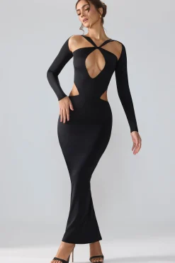 Oh Polly Party Dresses | Birthday^Premium Jersey Long Sleeve Cut Out Maxi Dress in Black