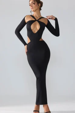 Oh Polly Party Dresses | Birthday^Premium Jersey Long Sleeve Cut Out Maxi Dress in Black