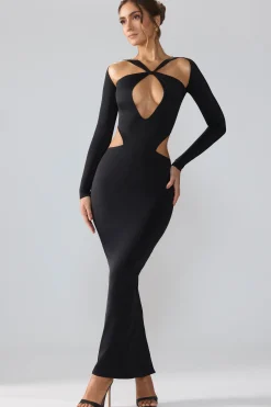Oh Polly Party Dresses | Birthday^Premium Jersey Long Sleeve Cut Out Maxi Dress in Black