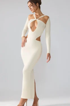 Oh Polly Party Dresses | Birthday^Premium Jersey Long Sleeve Cut Out Maxi Dress in Ivory