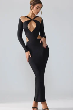 Oh Polly Party Dresses | Birthday^Premium Jersey Long Sleeve Cut Out Maxi Dress in Black